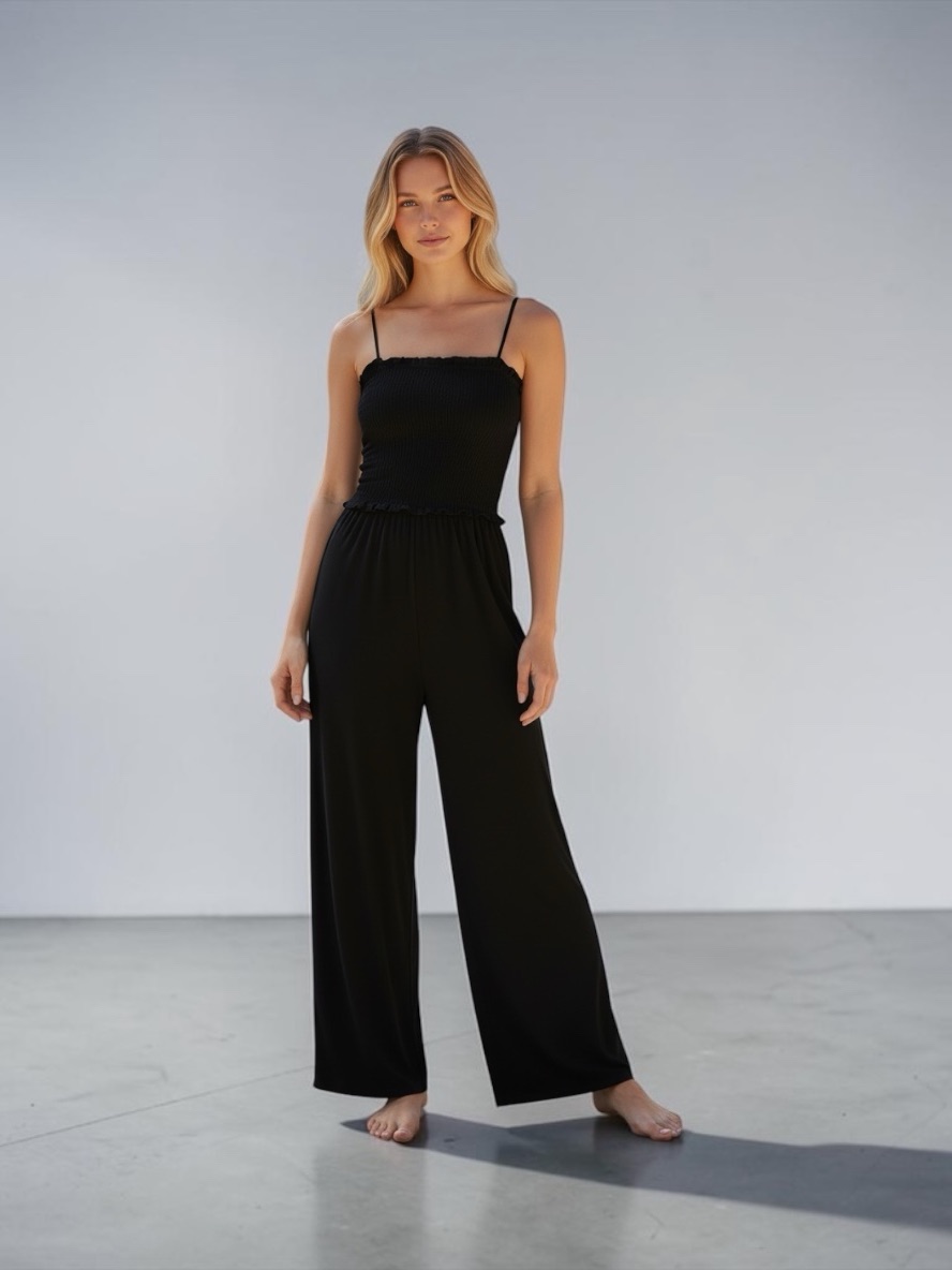 Bb Dakota Steve Madden Black Smocked Wide Leg Jumpsuit Size S